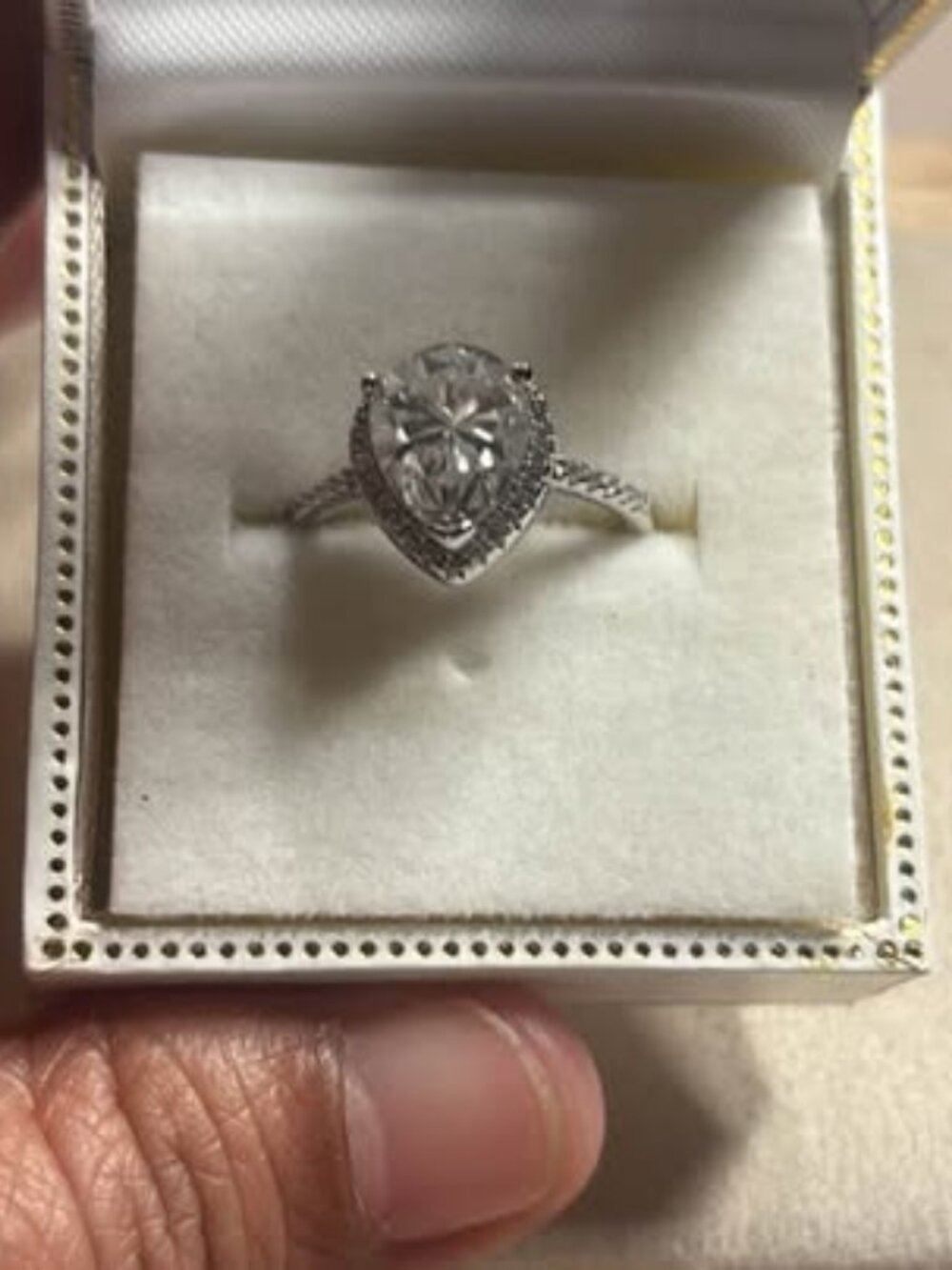 925 Silver Moissanite Wedding Pear-Cut Halo Ring Size 6.5